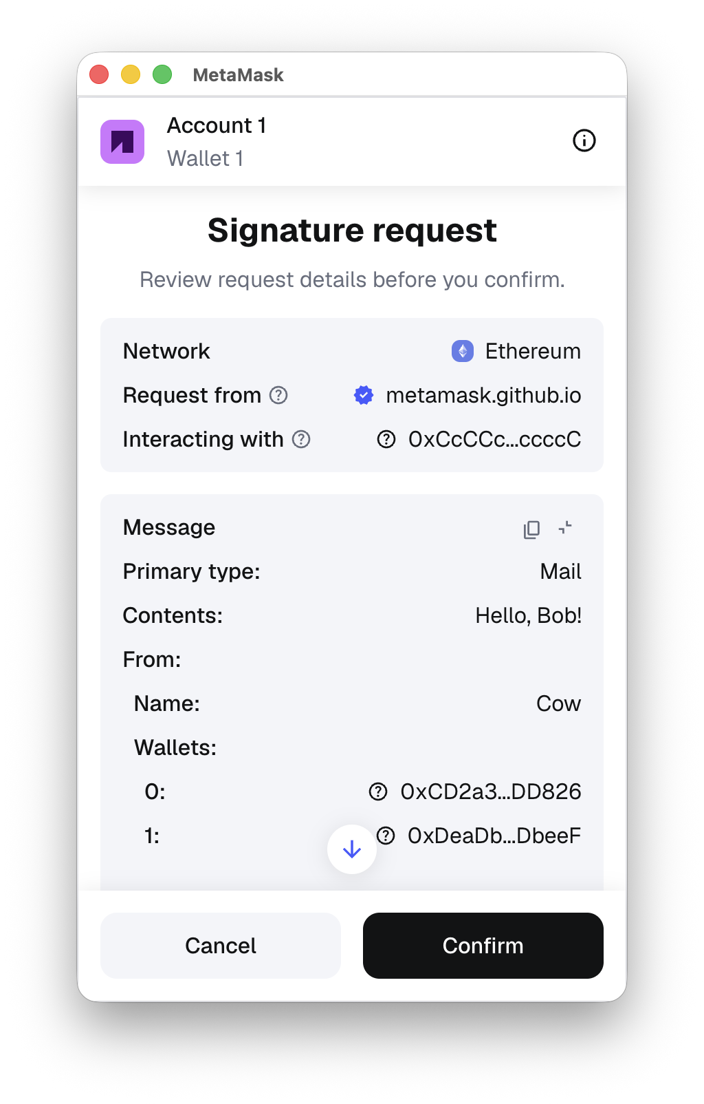 MetaMask confirmation dialog showing an eth_signTypedData_v4 structured data signing request