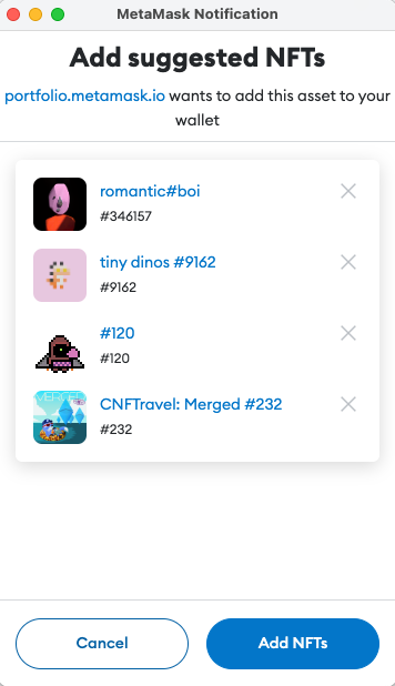 MetaMask `wallet_watchAsset` confirmation for multiple NFTs batch display